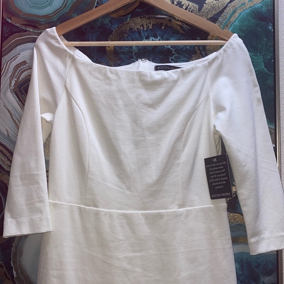Boston Proper NWT 🆕 Off White/White off the shoulder lined fitted dress - Picture 7 of 7